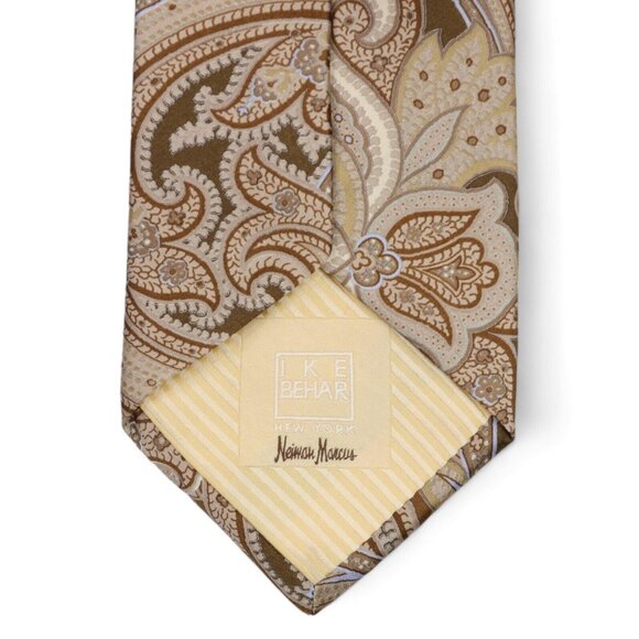 New IKE Behar 100% Silk Neck Tie Tan Blue Paisley Print Woven Made in USA NWT - Picture 4 of 8